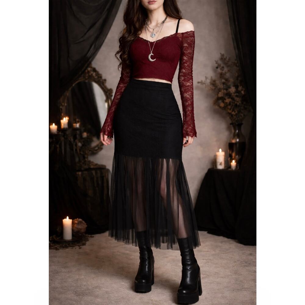 Vintage Y2K Black Sheer Fringe Skirt‎ JS Collections Sz 8 Goth Grunge Alt Vampy